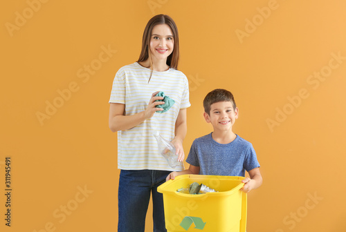 Mother and son with contain...