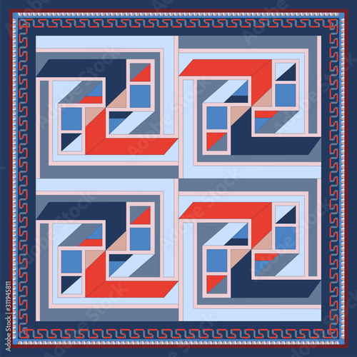 Silk scarf with a geometric pattern. Square vector