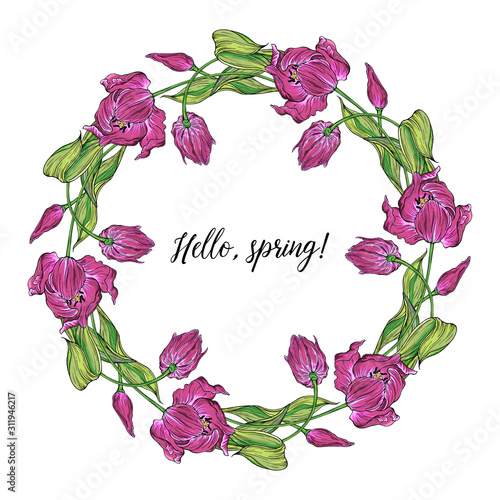 Vector floral colored spring round frame with Tulip flowers. Spring flowers