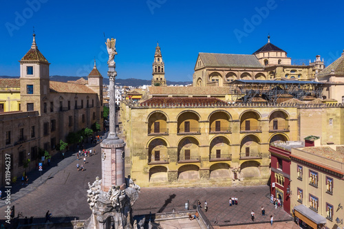 Aerial view of the old city of Cordoba and Romano Bridge. Spain