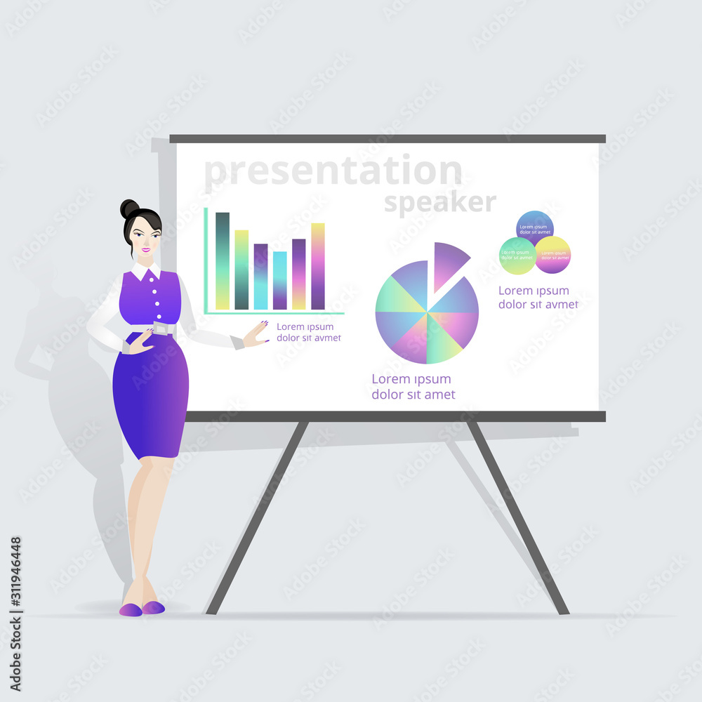 Cartoon beautiful smiling woman presentation speaker near board with graphs, business lady, vector illustration