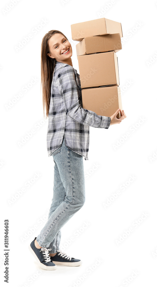 Young woman with moving boxes on white background Young woman with moving boxes on white background