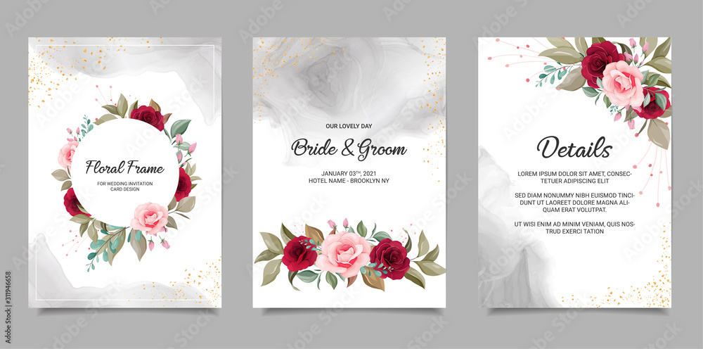 Elegant wedding invitation card template set with floral frame and fluid  background. Roses and leaves botanic illustration for background, save the  date, invitation, greeting card, poster vector Stock Vector | Adobe Stock