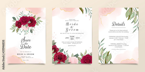 Elegant wedding invitation card template set with floral frame and fluid background. Roses and leaves botanic illustration for background, save the date, invitation, greeting card, poster vector