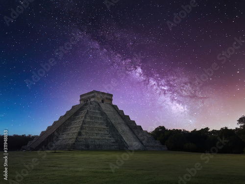 Chichen Itza Under a Bright and Starry Night Sky with the Milky Way Galaxy Above it