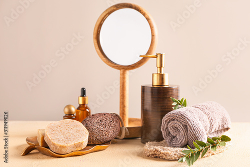 Set of bath accessories on table