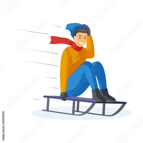 Happy boy sledding flat color illustration. Teenage kid riding on sleigh, sliding downhill, having fun outdoors in winter. Smiling teenager sledging cartoon character isolated on white background