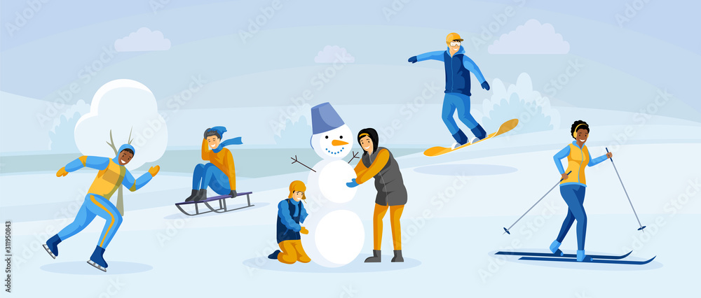 People having winter fun flat illustration. Kids making snowman together, sledding, people snowboarding, skating. Young spending time outdoors, enjoying snow activities cartoon color characters