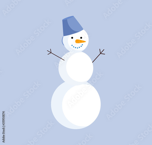 Cute snowman simple color flat illustration. Funny snow man with bucket and carrot icon isolated on blue background. Christmas, New Year outdoor decoration, winter cartoon symbol