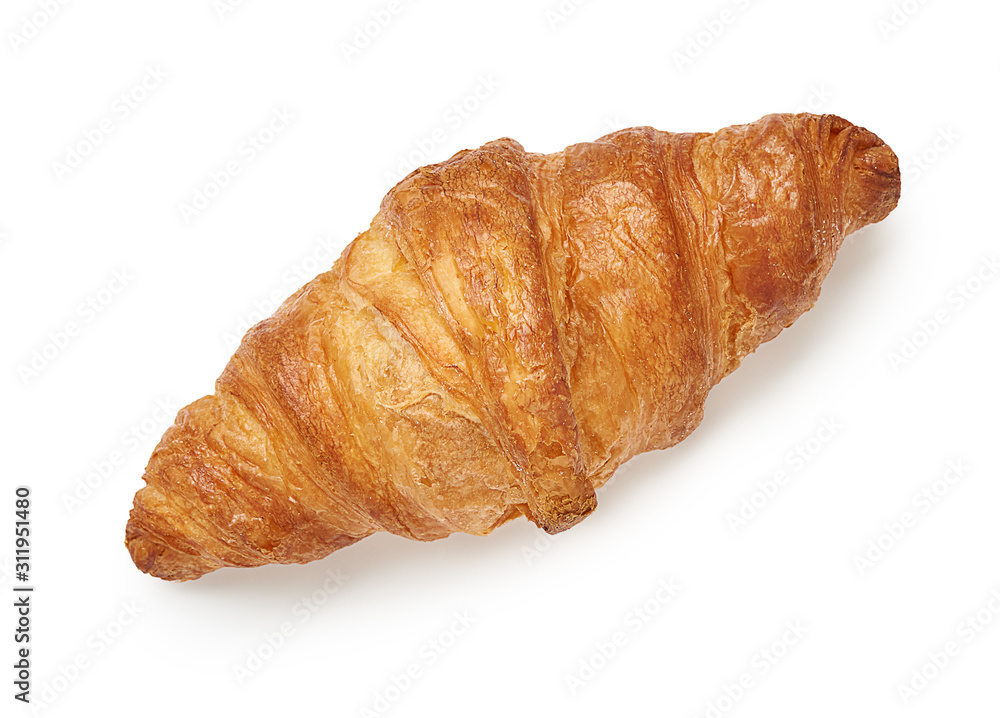 One croissant isolated on white background. Top view. One croissant isolated on white background. Top view.