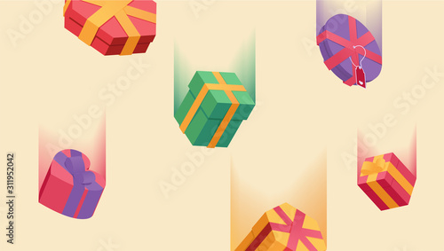 Falling gift boxes festive color background. Green, yellow birthday, Christmas giftboxes rain isolated on beige. Flying Xmas, New Year surprises packages, wrapped presents decorative backdrop