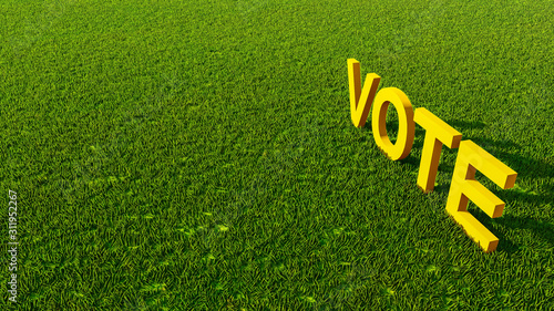 Vote Text On Green Grass, Ecology Concept, 3D Rendering