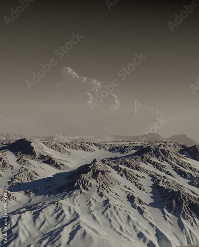 Science fiction illustration of a giant derelict spaceship crashed in the mountains on a snow covered planet, 3d digitally rendered illustration