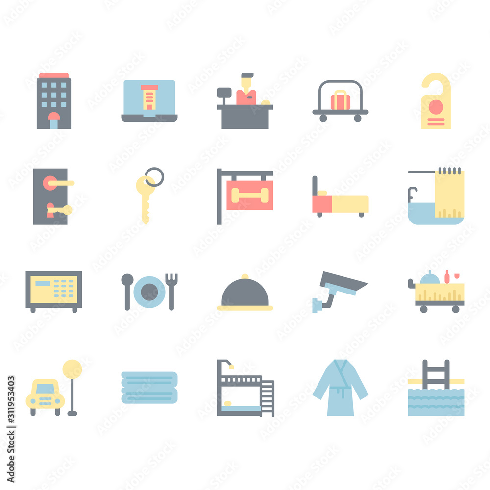 Hotel service icon and symbol set in flat design Hotel service icon and symbol set in flat design