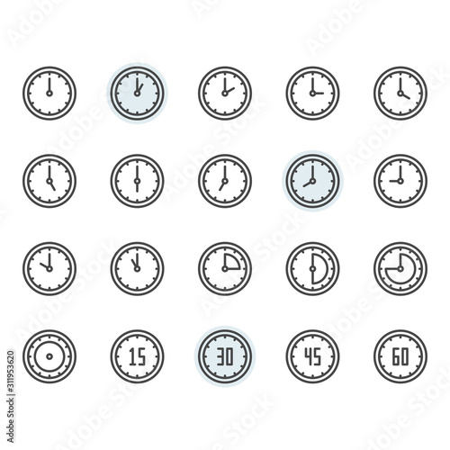 Time and clock icon and symbol set in outline design