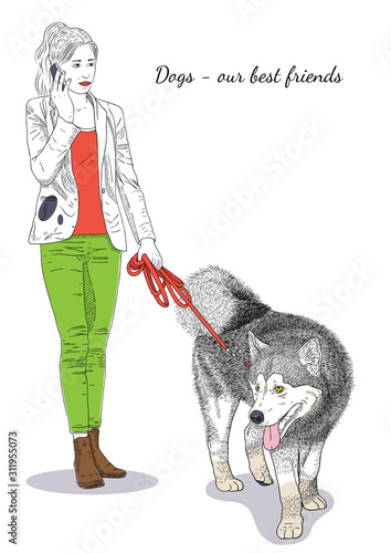 Vector illustration with a dog malamute breed and a woman talking on the phone