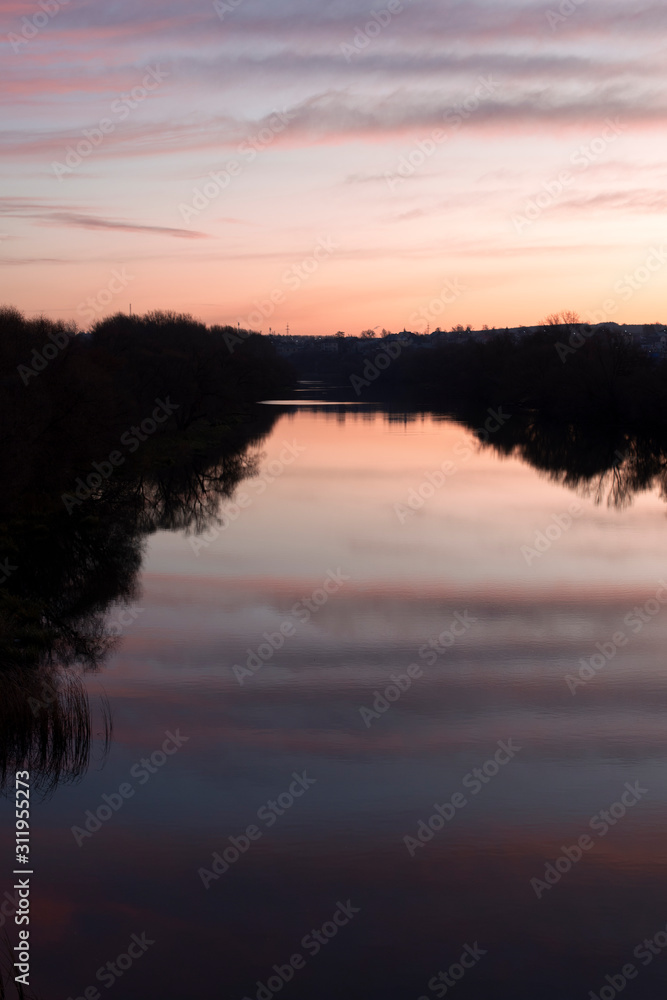 Oka River at dawn, vanilla landscape, beautiful morning sky.