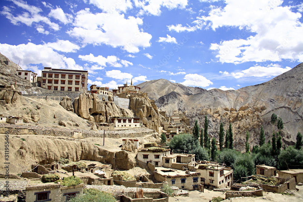 Lamayuru monastery is located on a high rocky outcrop, which overlooks a valley and the village of Lamayuru, 125 Km west of Leh Ladakh, India