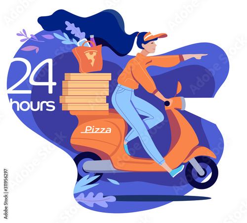 Pizza delivery. Young woman on a scooter delivers pizza to order 24 hours at night. Fast food delivery service. Flat vector illustration