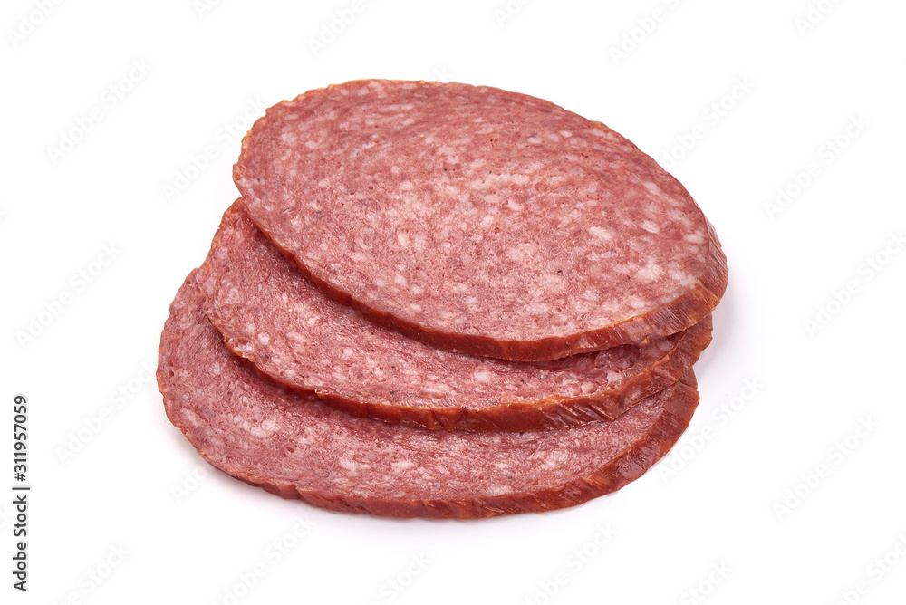 Sliced Salami smoked sausage, isolated on white background Sliced Salami smoked sausage, isolated on white background