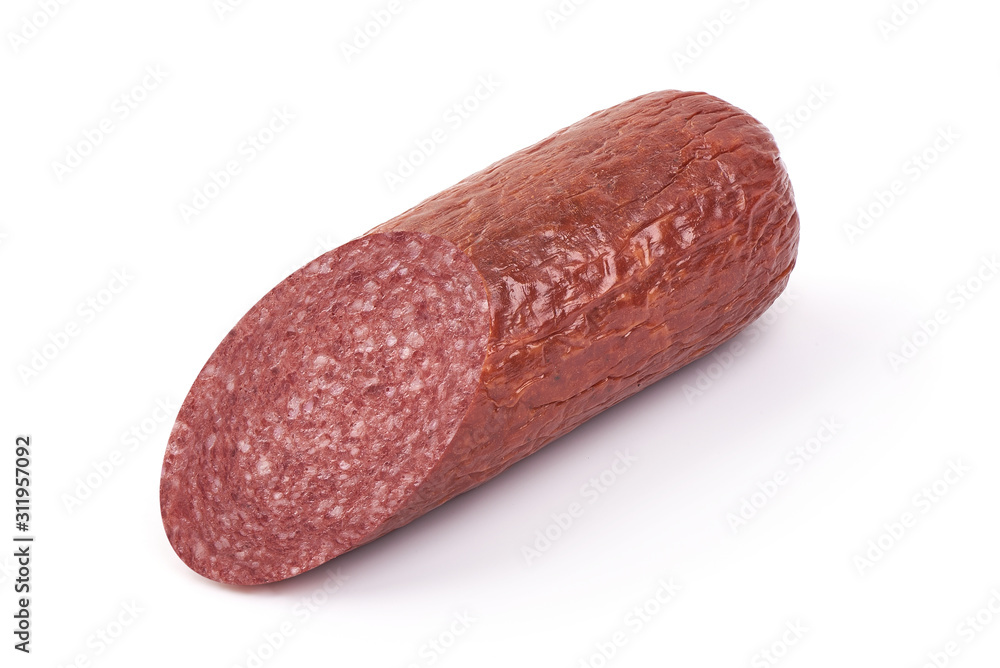Smoked pork Sausage, dried pork salami, isolated on white background Smoked pork Sausage, dried pork salami, isolated on white background