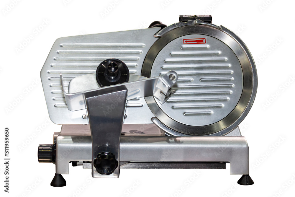 Modern Semi automatic frozen meat slicer electric machine for food industrial isolated on white background with clipping path Modern Semi automatic frozen meat slicer electric machine for food industrial isolated on white background with clipping path