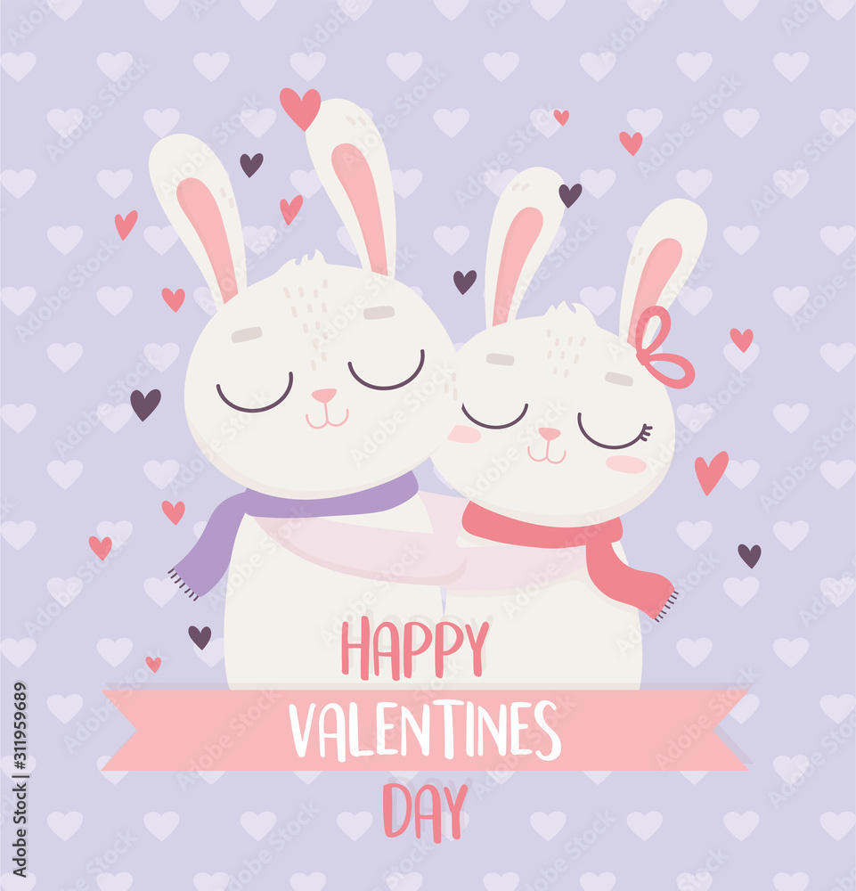 happy valentines day cute couple rabbits hugging love hearts background