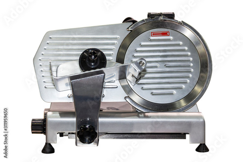 Modern Semi automatic frozen meat slicer electric machine for food industrial isolated on white background with clipping path