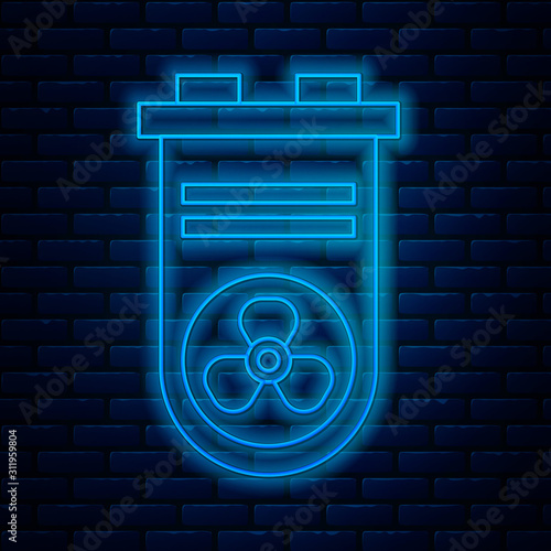 Glowing neon line Video graphic card icon isolated on brick wall background. Vector Illustration