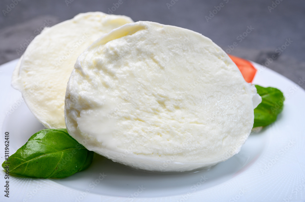 Cheese collection, soft white Italian mozzarella di bufala campana with fresh green basil leaves and red tomatoes
