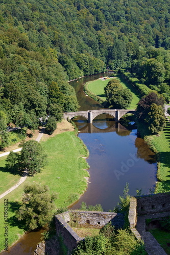 Bouillon Belgium. Bouillon medieval castle.  A beautiful view of the old bridge over the River Semois from the walls of the fortifications of the old castle.                           