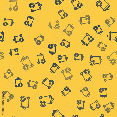 Blue line Recycle bin with recycle symbol icon isolated seamless pattern on yellow background. Trash can icon. Garbage bin sign. Recycle basket sign. Vector Illustration