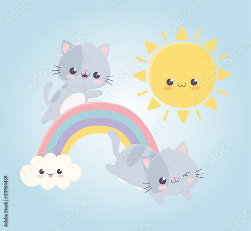 kawaii cartoon cute cats playing in the rainbow sun