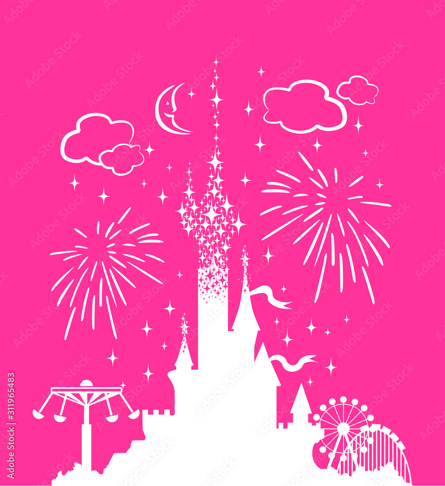 Princess Castle. Fantasy pink palace on the background of fireworks and