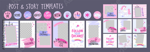 Editable layout templates for social media posts and stories, mobile apps, banner or flyer design. Social media pack for posts and stories with unicorn