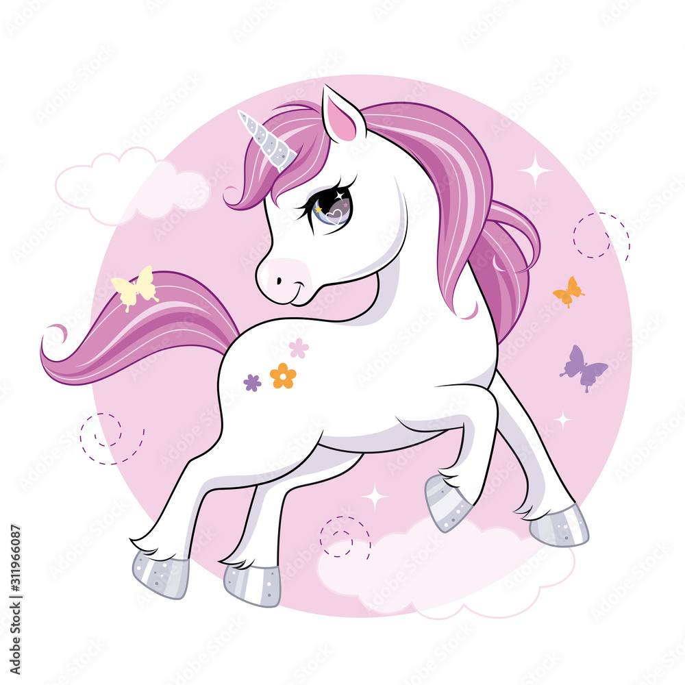 Cute little unicorn character over pink background. Vector.