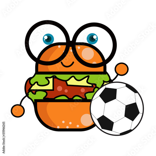 Burger Character Cute Cartoon With Soccer Ball Vector Template Design Illustration