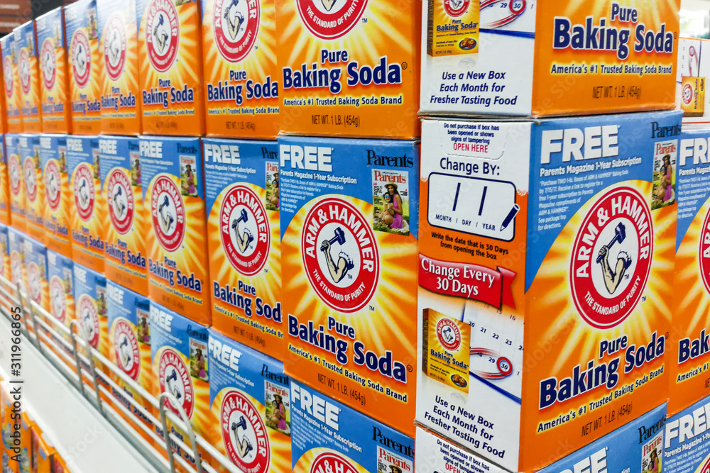 Arm & Hammer Baking Soda is the trademark of Church & Dwight Co., Inc.  Block displayed in supermarkets, It is the leading premium baking soda  brand in Malaysia. Stock Photo | Adobe