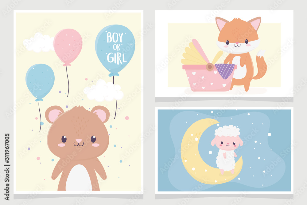 baby shower cute little bear fox sheep balloons moon cards