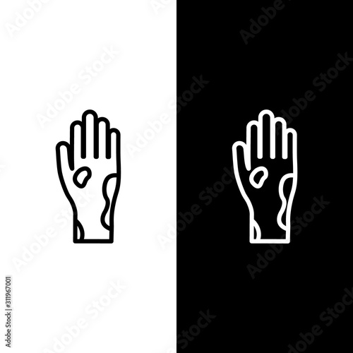Set line Hand with psoriasis or eczema icon isolated on black and white background. Concept of human skin response to allergen or chronic body problem.  Vector Illustration