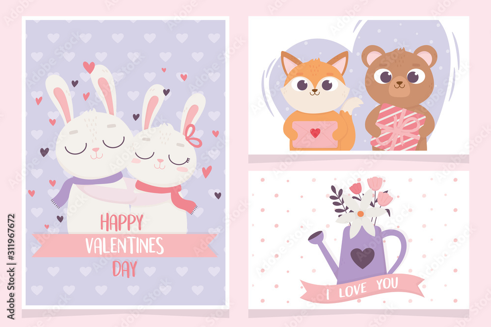 happy valentines day greeting cards rabbit bear and cat gift flowers love