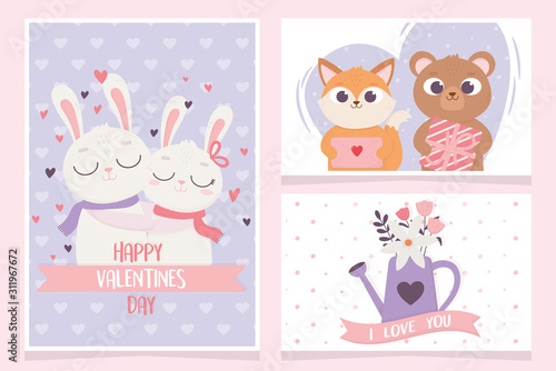 happy valentines day greeting cards rabbit bear and cat gift flowers love