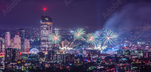 Fireworks over city skyline