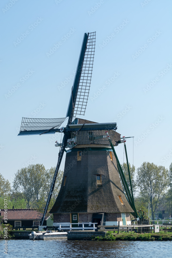 Waterways of North Holland and view on traditional Dutch wind mill, spring landscape