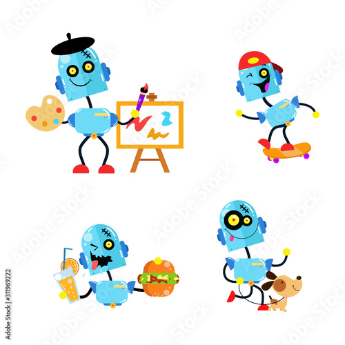 Fun Robot Activity Set. Boy Robot Robots. Cartoon Cute Vector Template Design Illustration