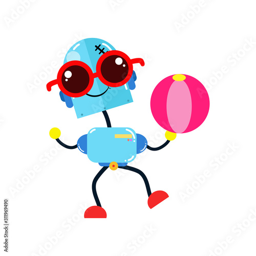 Fun Robot Activity Volley Ball. Boy Robot Robots. Cartoon Cute Vector Template Design Illustration
