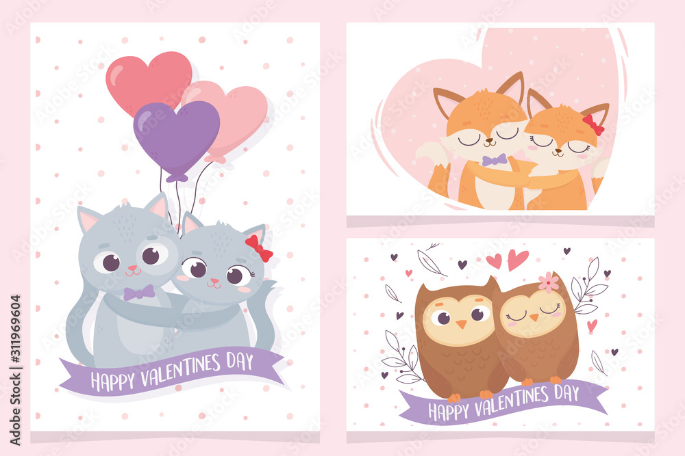 happy valentines day cute cats owls foxes love hearts floral cards