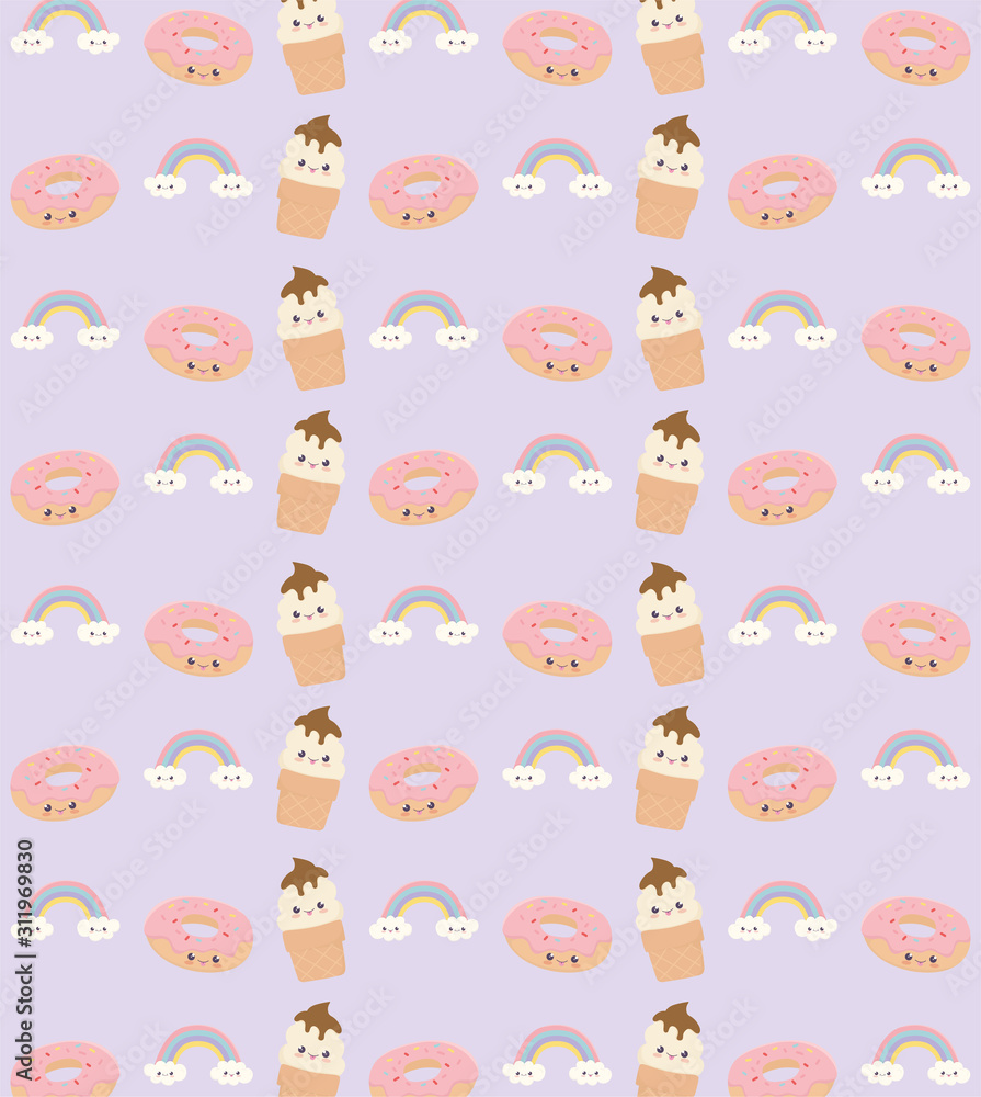 Fototapeta premium kawaii donuts ice cream rainbow fast food cartoon backgroud decoration