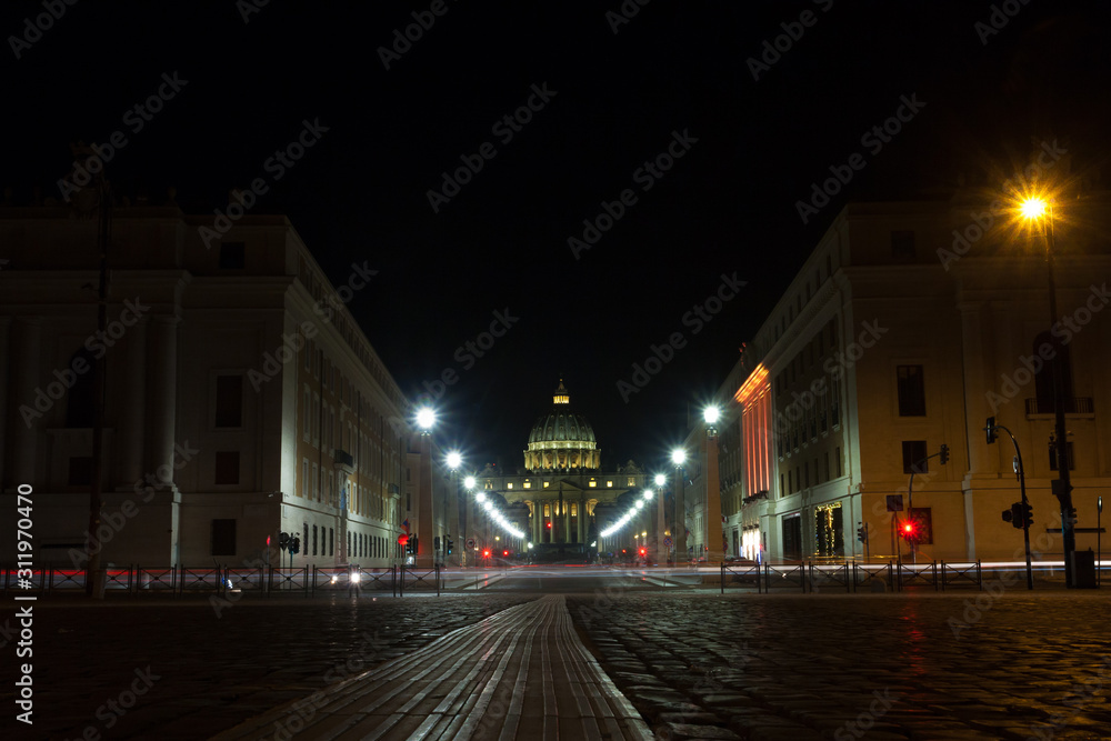 Night scene of Rome, road with basilica in background
