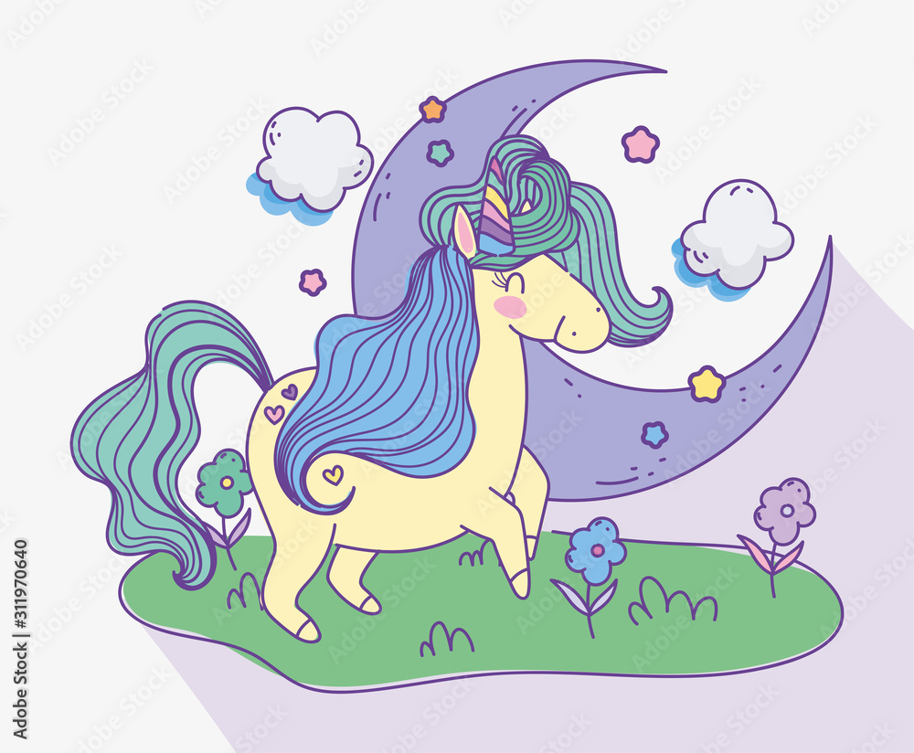 unicorn half moon clouds meadow flowers fantasy magic cartoon unicorn half moon clouds meadow flowers fantasy magic cartoon